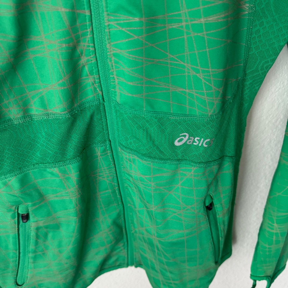 Asics Womens Green Graphic Full Zip Track Jacket Mock Neck Thumbholes Size S - Picture 2 of 5